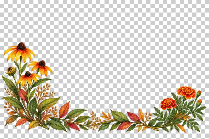 Watercolor-style low U surround with taller golden rudbeckia at left, small orange marigolds at right and a leafy base.