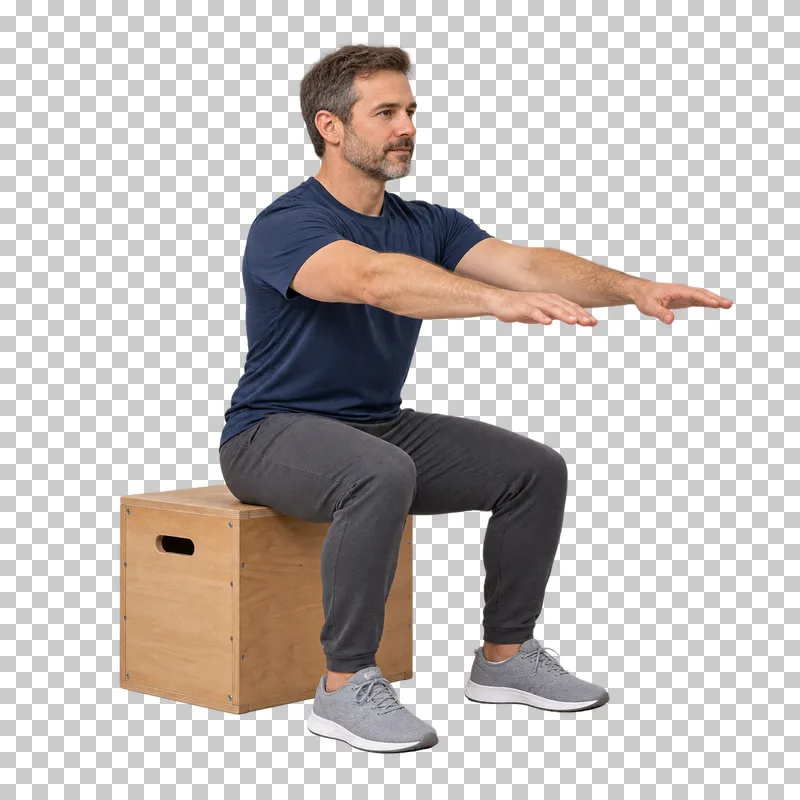A man touching down onto a wooden training box during a squat, arms reaching forward.