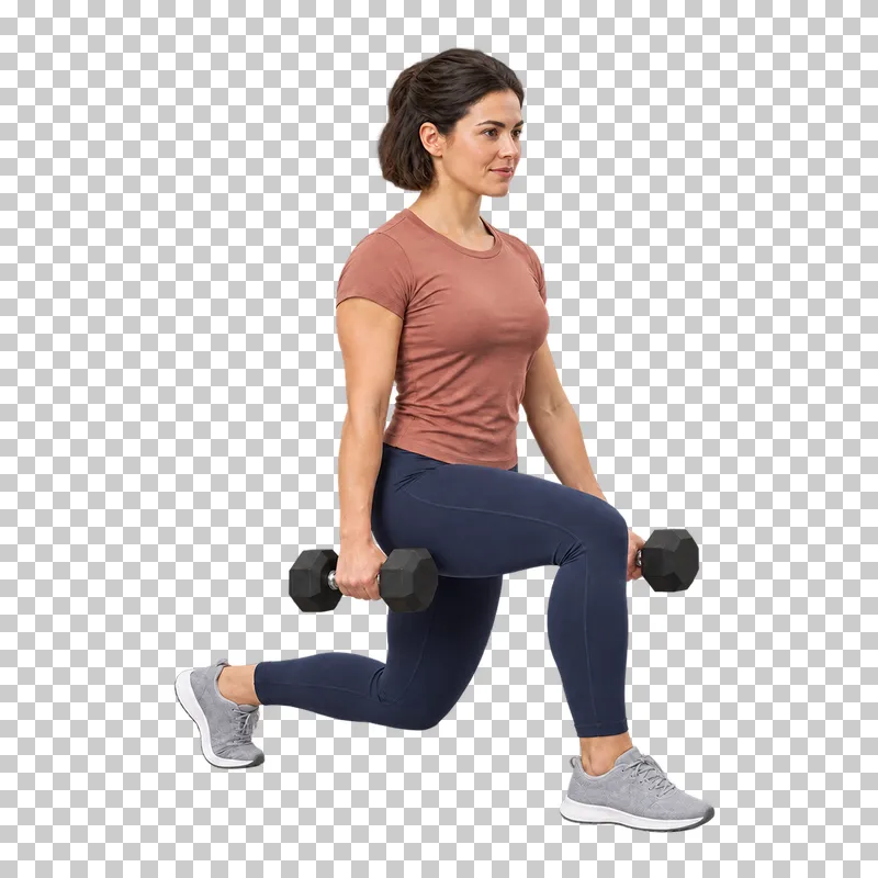 A woman holding two dumbbells in a controlled reverse lunge.