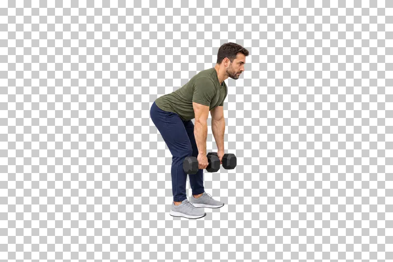 A man hinging at the hips while holding a dumbbell in each hand.