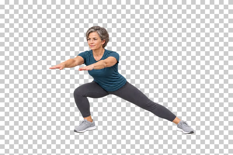 A gray-haired woman in a wide lateral lunge with arms reaching forward.