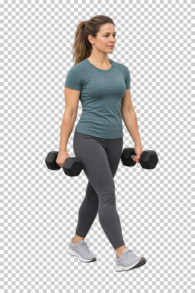 A woman walking while carrying a black dumbbell in each hand.