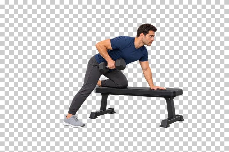 A man rowing one dumbbell with his other hand and knee supported on a bench.