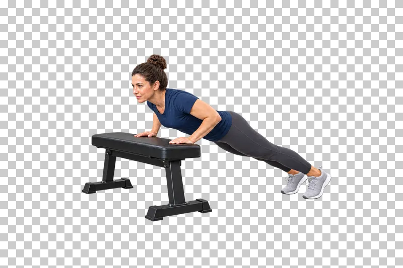 A woman performing an incline push-up with both palms on a complete exercise bench.