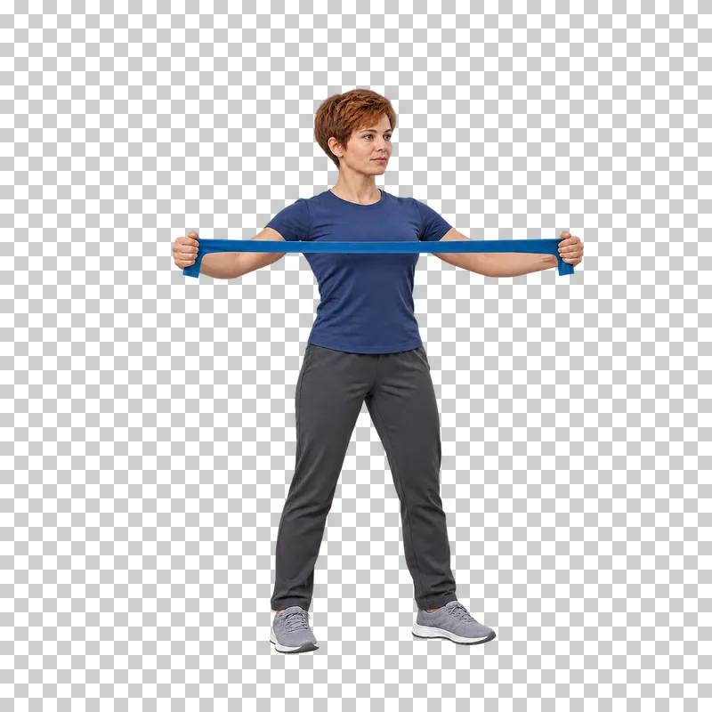 A short-haired adult pulling a blue resistance band apart at chest height.