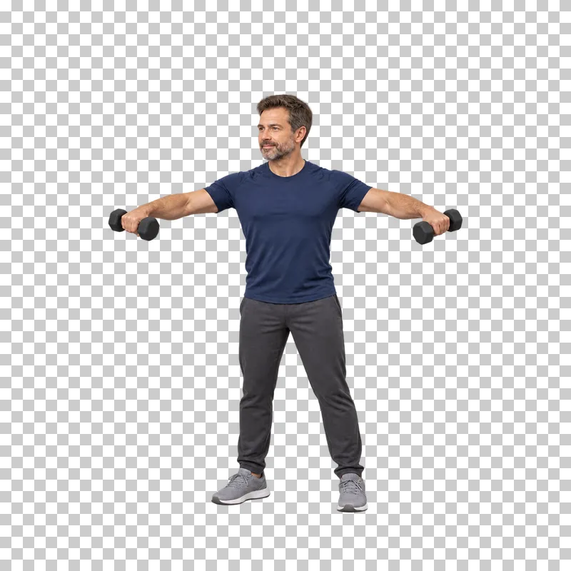 A man lifting two small dumbbells outward in a lateral raise.