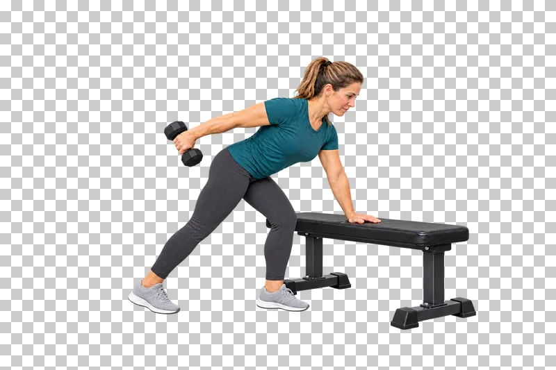 A woman extending a dumbbell behind her while her other hand rests on a bench.