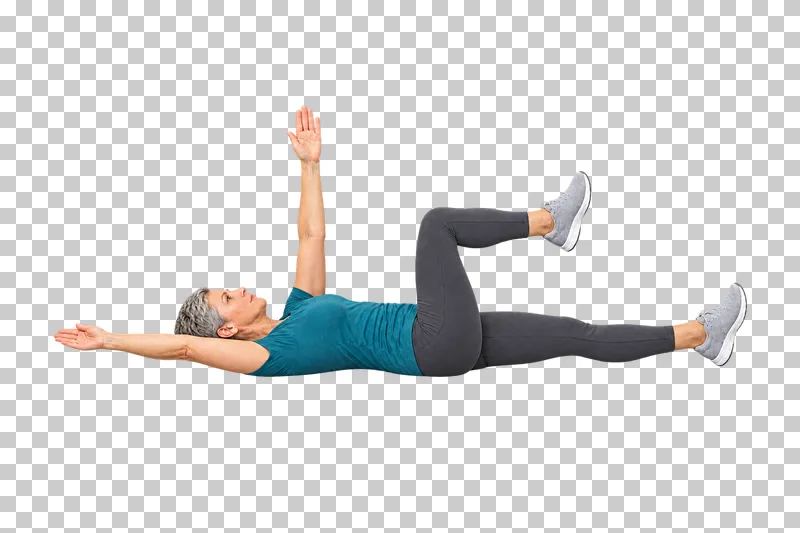A gray-haired woman lying in a dead bug position with opposite arm and leg extended.