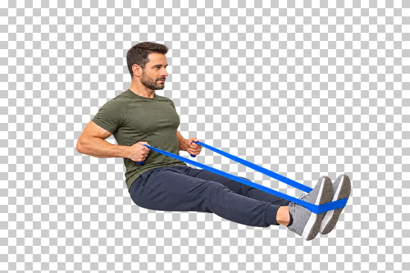A seated man rowing a blue resistance band anchored around both shoe soles.