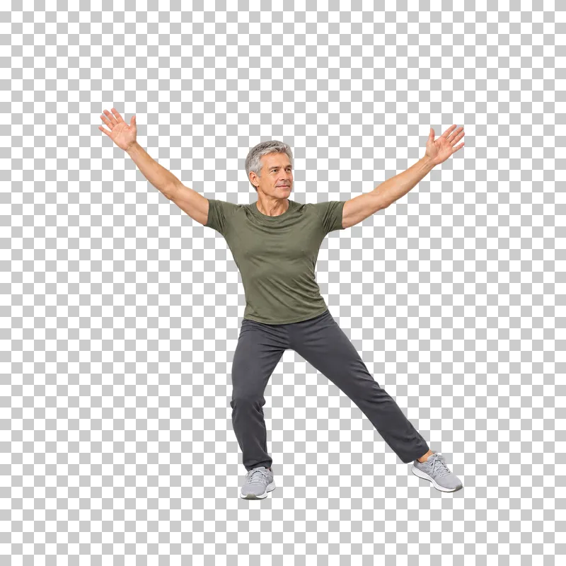 A gray-haired man stepping sideways with both arms raised diagonally.