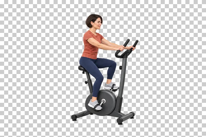A woman seated on a complete upright exercise bike with feet strapped to opposed pedals.