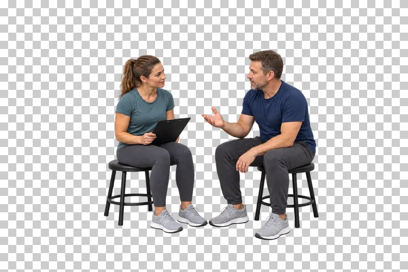 A female trainer holding a blank clipboard while a male client talks from a separate stool.
