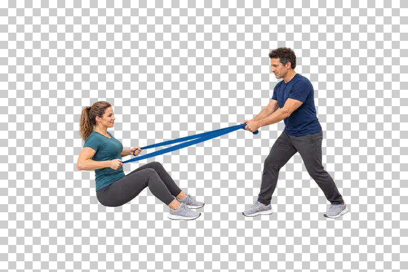 A seated woman rowing a blue band while a standing partner holds its middle section.